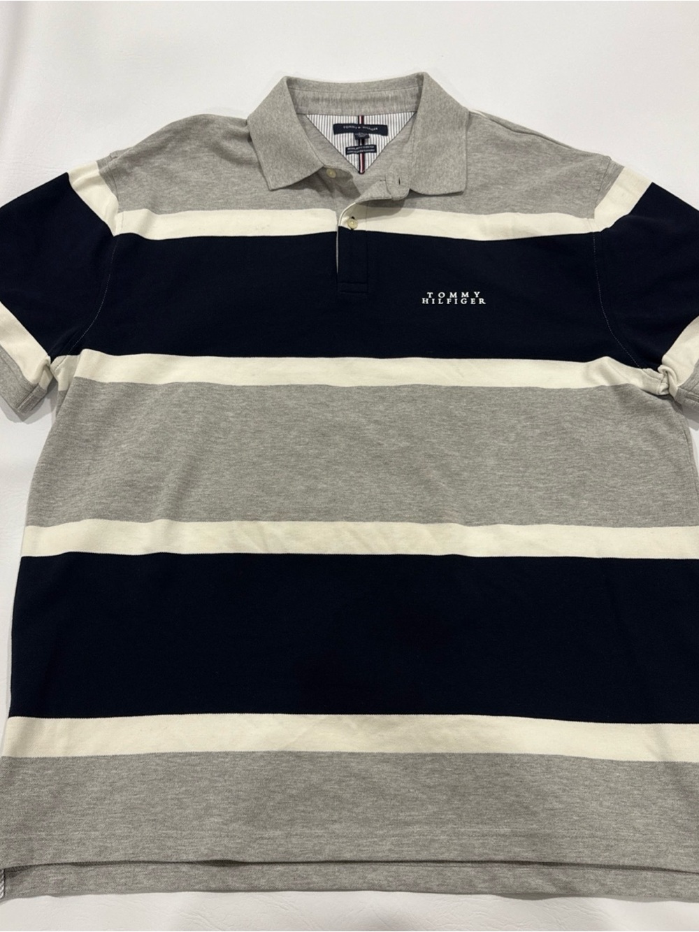 Tommy Hilfiger Men’s Navy, Gray & White Striped Polo